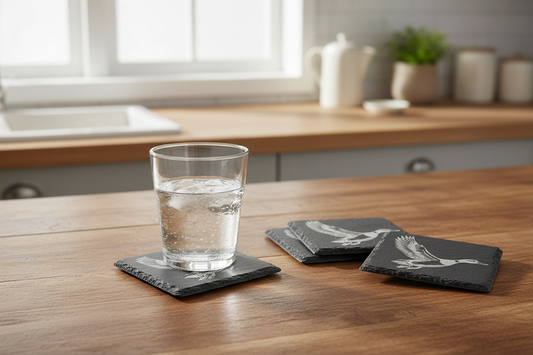Duck coaster with glass on kitchen table