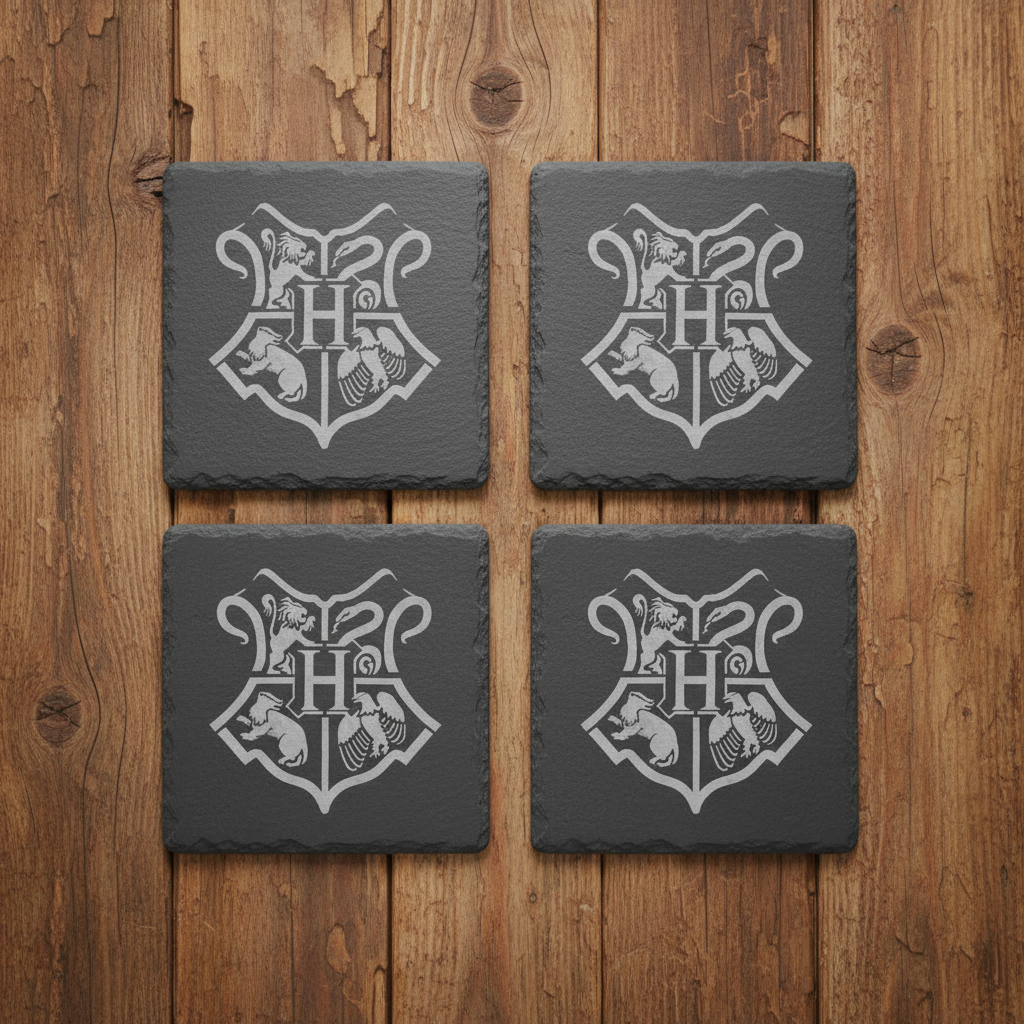 Hogwarts crest slate coasters on wooden table