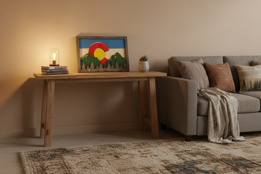 Colorado flag art displayed on shelf in living room