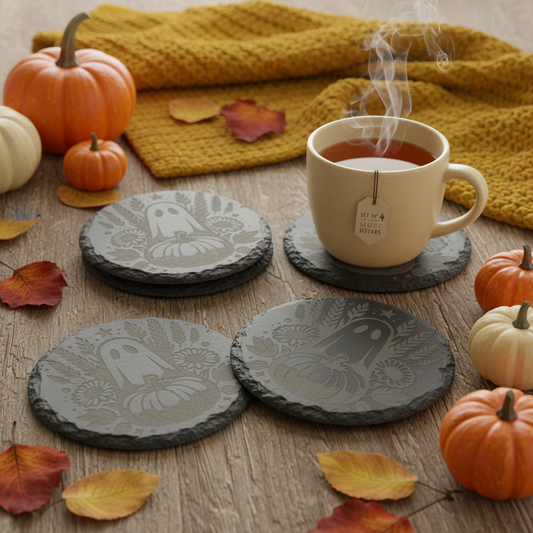 Set of exactly 4 fall coasters on table