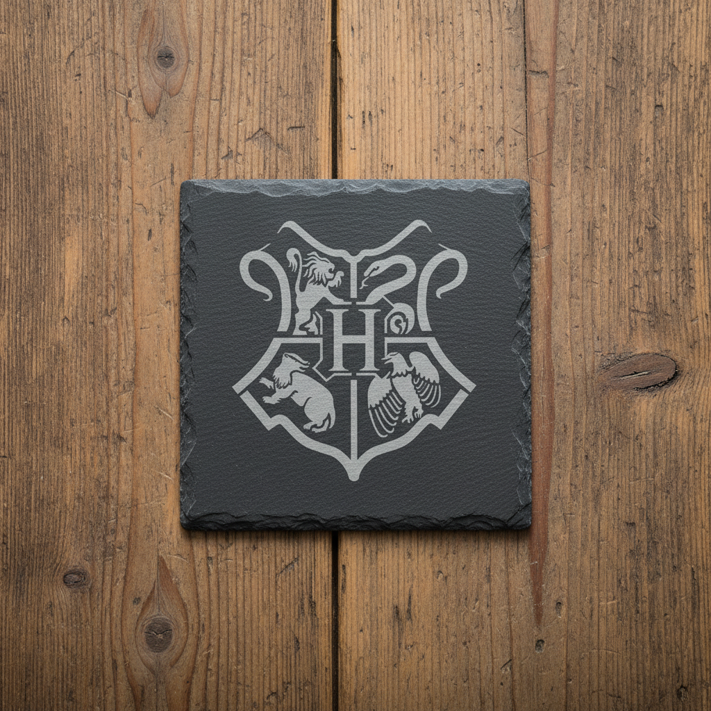 Single Hogwarts crest slate coaster on wooden table