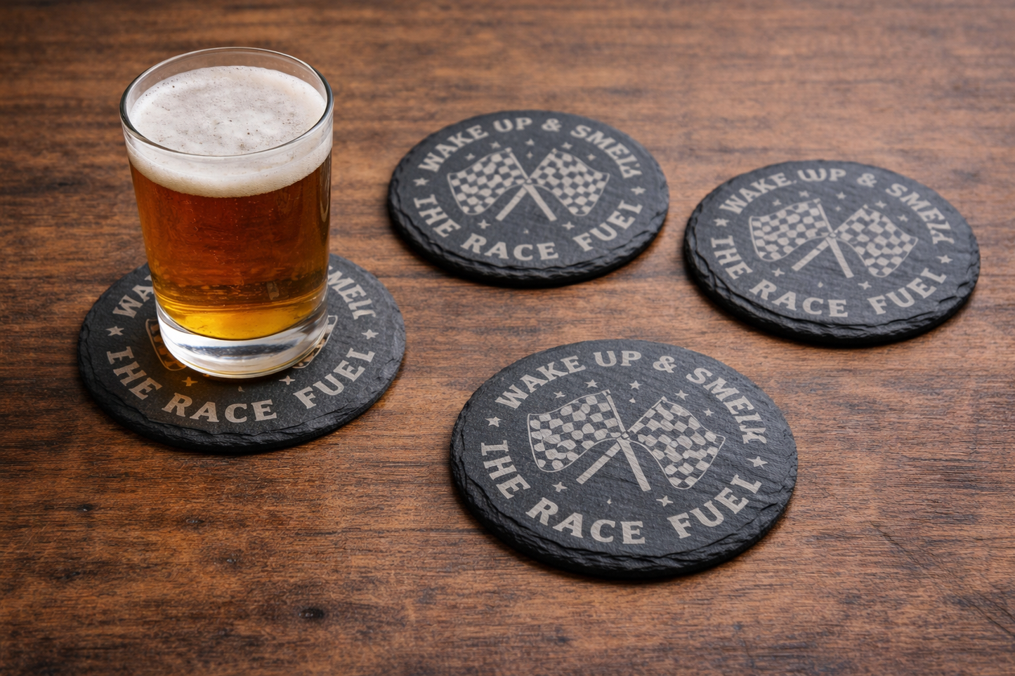 Wake Up & Smell the Race Fuel Slate Coaster Set