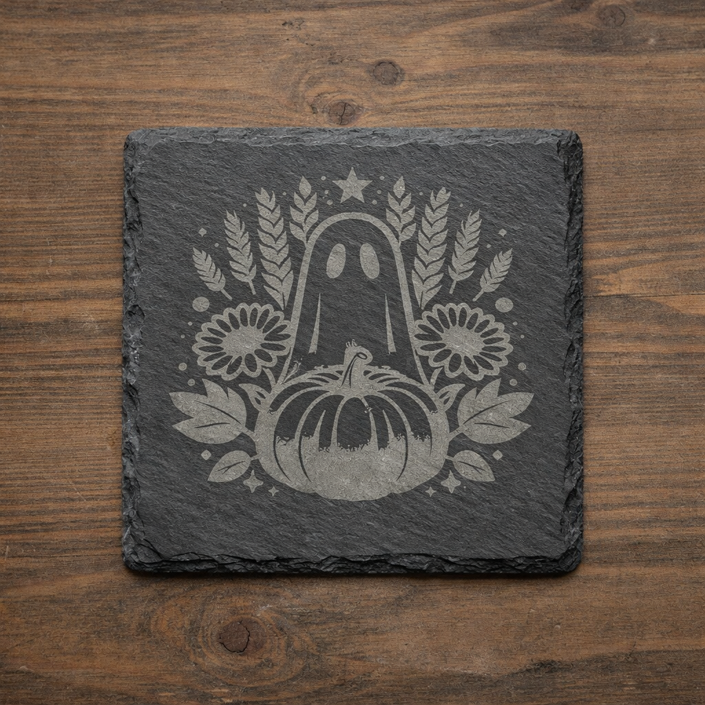 Fall Harvest Slate Coaster Set – Autumn Ghost & Pumpkin Design