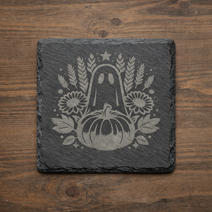Fall Harvest Slate Coaster Set – Autumn Ghost & Pumpkin Design