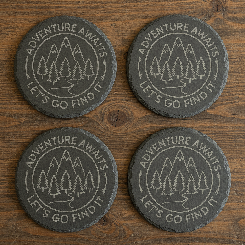 Bring the spirit of the outdoors to your home with this set of four premium slate coasters. Each coaster is laser-engraved with a stunning mountain and pine tree design, paired with the inspiring phrase:
“Adventure Awaits – Let’s Go Find It.”