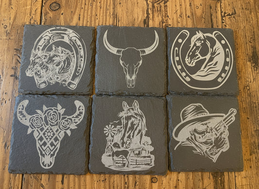 Western Engraved Slate Coaster Set – Cowboy & Ranch Designs