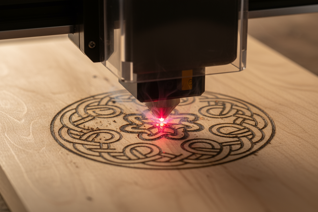 close up of a laser engraver working on wood