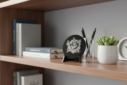 Engraved rose coin on office shelf