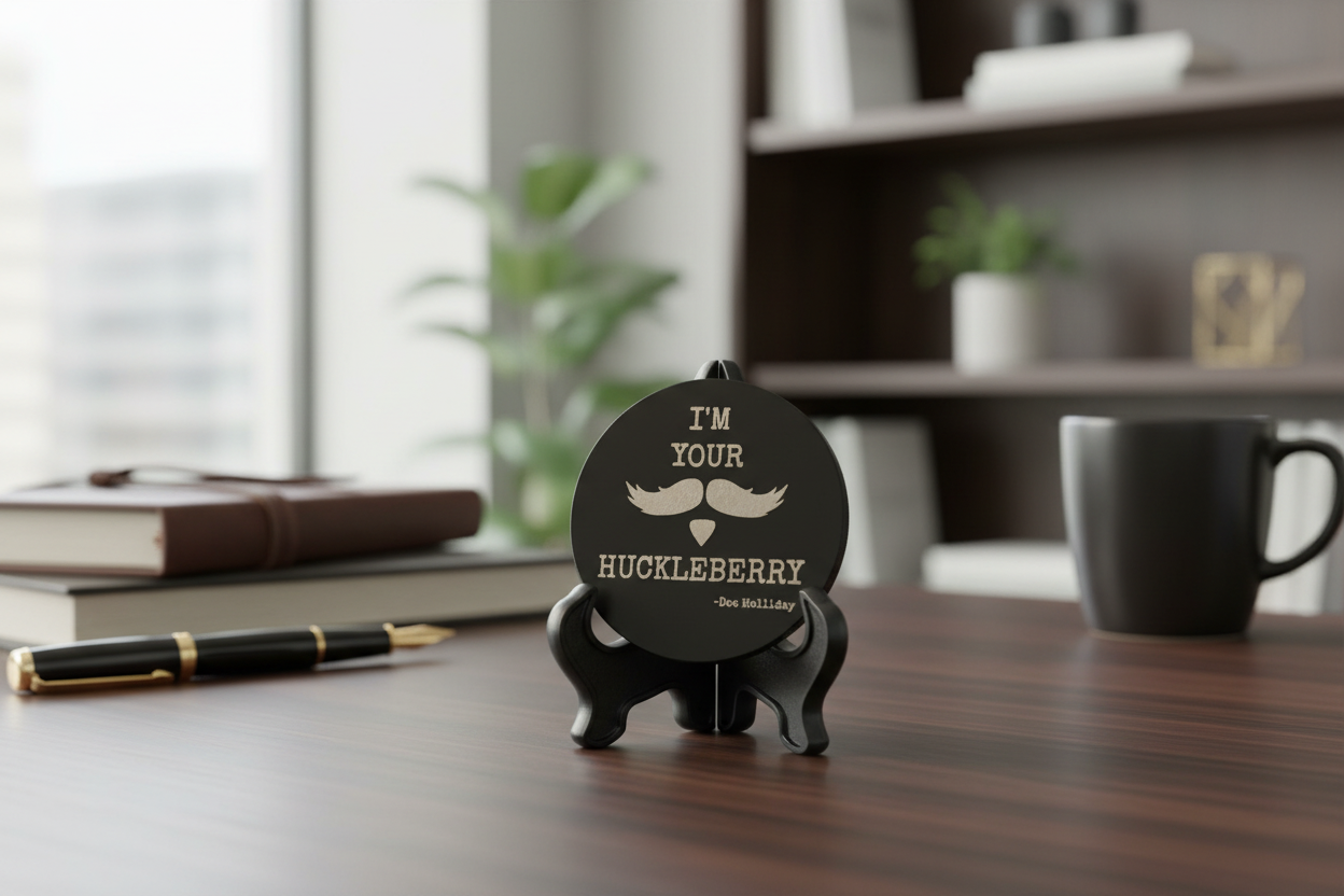 I'm Your Huckleberry coin on stand on desk