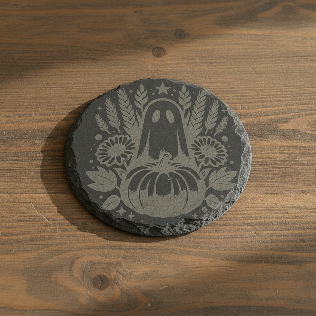 Fall harvest slate coaster on wooden table