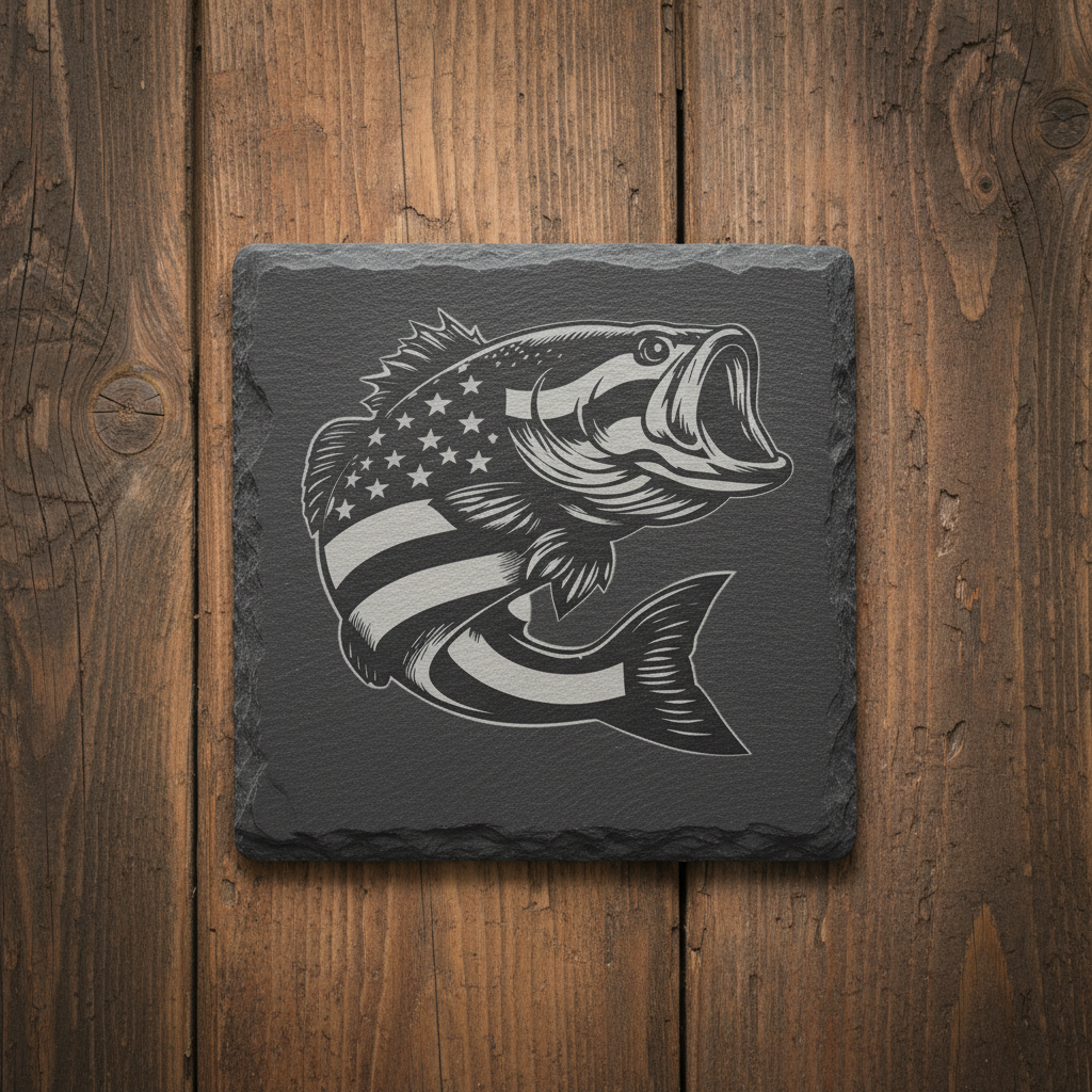 Patriotic bass coaster on wood background