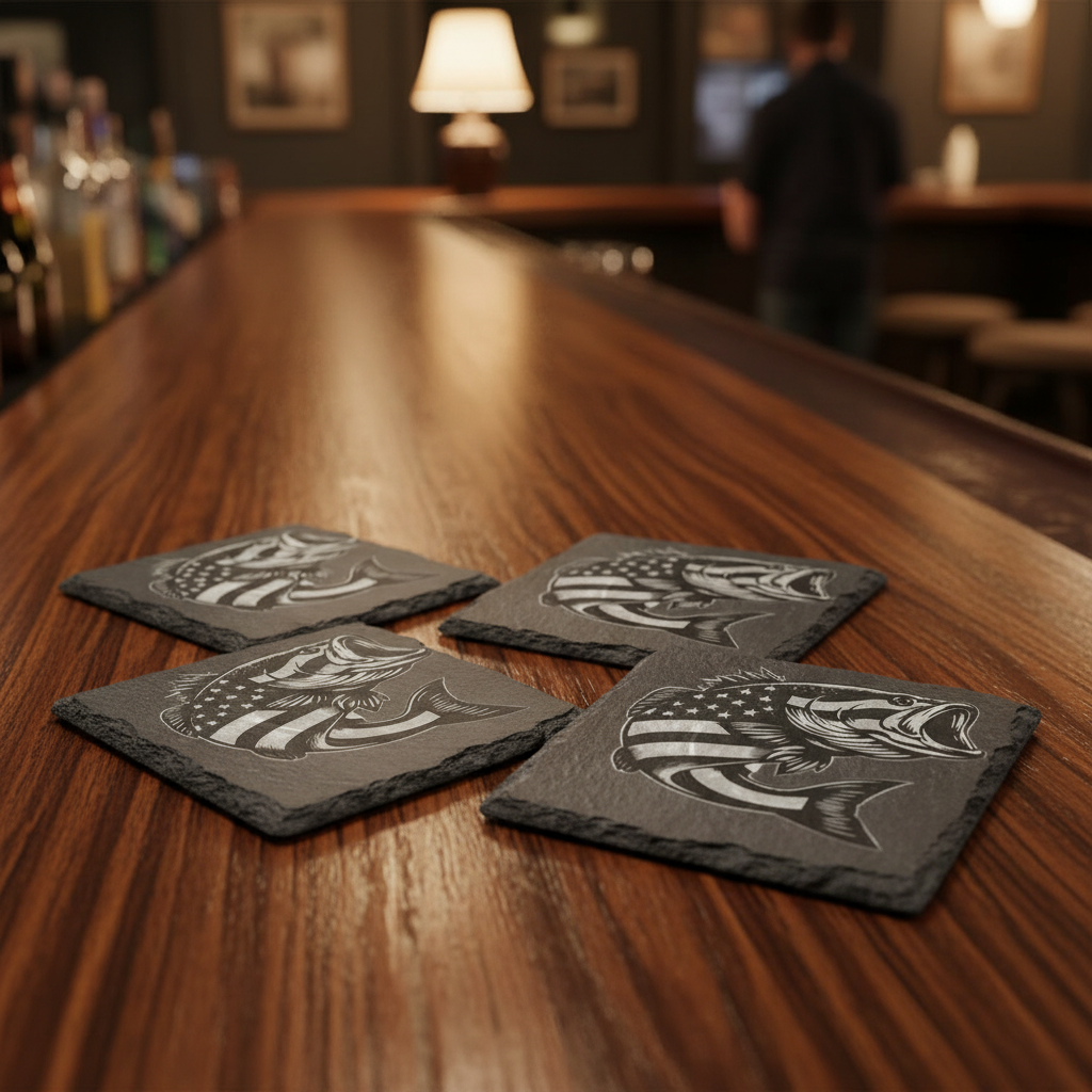 Patriotic bass coasters on bar top