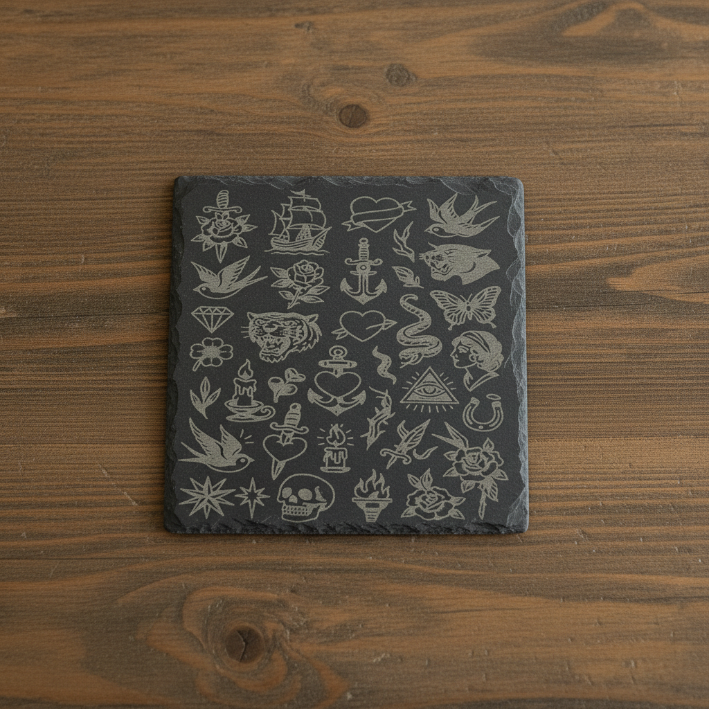 Vintage tattoo coaster on wooden table