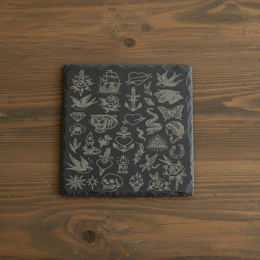 Vintage tattoo coaster on wooden table