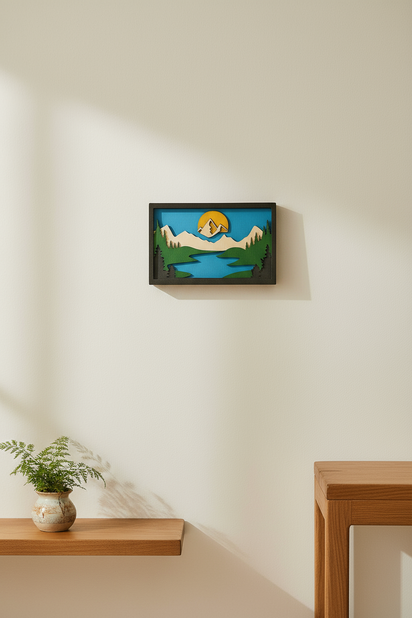 Wooden Mountain Landscape Wall Art in Modern Setting
